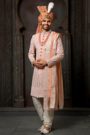 Peach Colour Georgette Thread Embroidery Work Sherwani