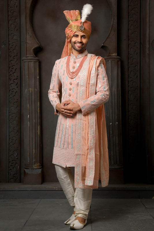 Peach Colour Georgette Thread Embroidery Work Sherwani