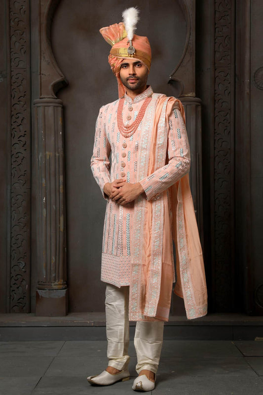 Peach Colour Georgette Thread Embroidery Work Sherwani