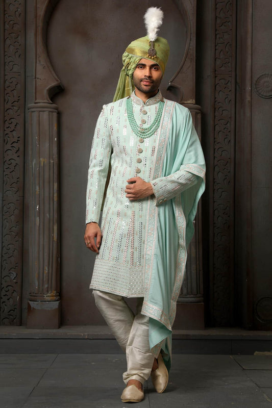 Pista Green Colour Georgette Thread Embroidery Work Sherwani