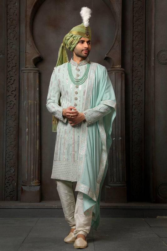 Pista Green Colour Georgette Thread Embroidery Work Sherwani