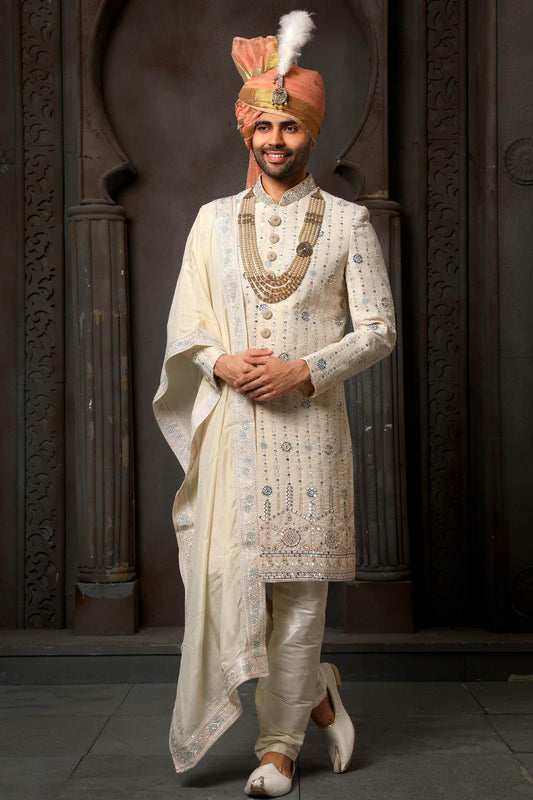 Cream Colour Georgette Thread Embroidery Work Sherwani
