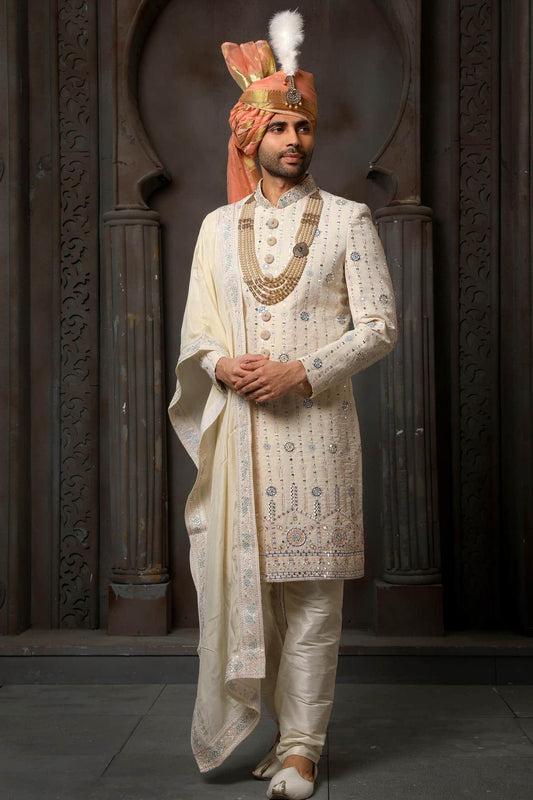 Cream Colour Georgette Thread Embroidery Work Sherwani