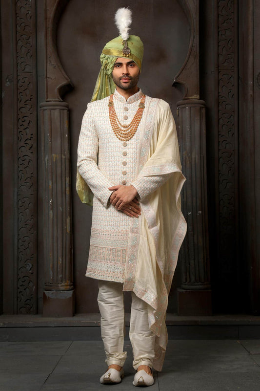 Cream Colour Georgette Thread Embroidery Work Sherwani