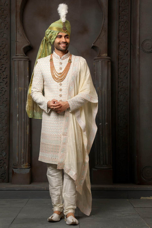 Cream Colour Georgette Thread Embroidery Work Sherwani