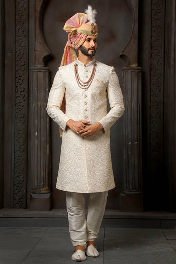 Cream Colour Art Silk Thread Embroidery Work Sherwani