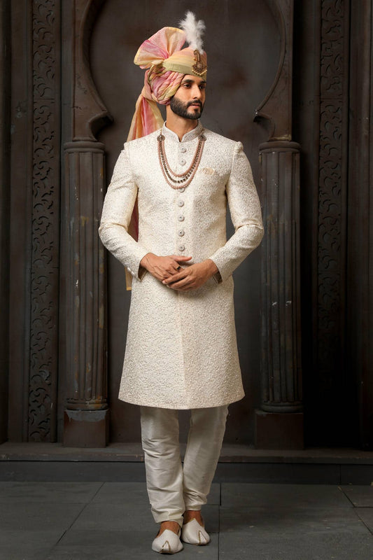 Cream Colour Art Silk Thread Embroidery Work Sherwani