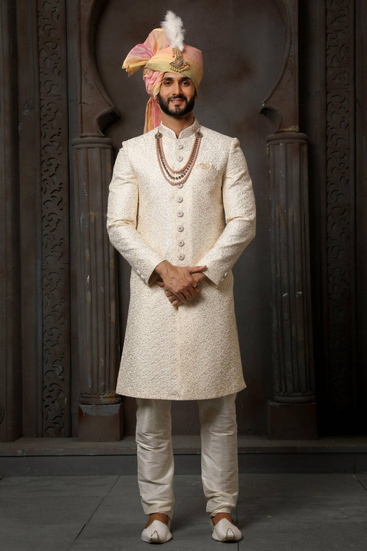 Cream Colour Art Silk Thread Embroidery Work Sherwani