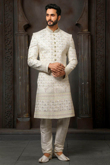 Cream Colour Art Silk Thread Embroidery Work Sherwani