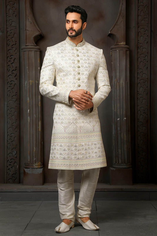 Cream Colour Art Silk Thread Embroidery Work Sherwani