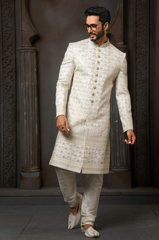 Cream Colour Art Silk Thread Embroidery Work Sherwani