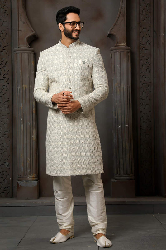 Light Grey Colour Art Silk Thread Embroidery Work Sherwani