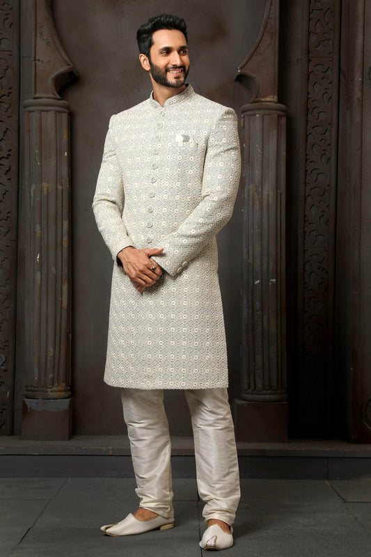Light Grey Colour Art Silk Thread Embroidery Work Sherwani