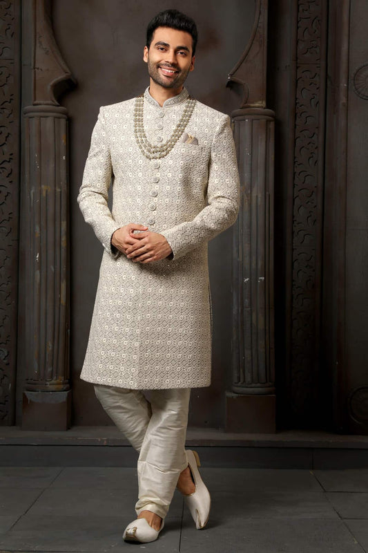Grey Colour Art Silk Thread Embroidery Work Sherwani