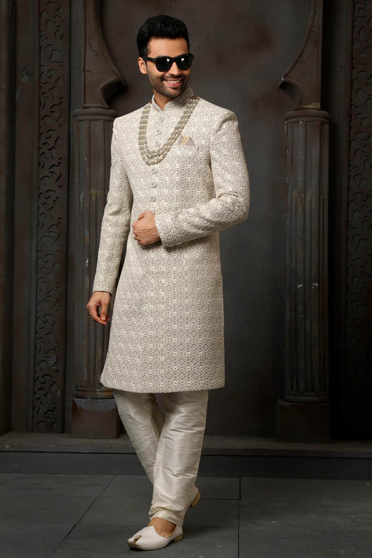 Grey Colour Art Silk Thread Embroidery Work Sherwani