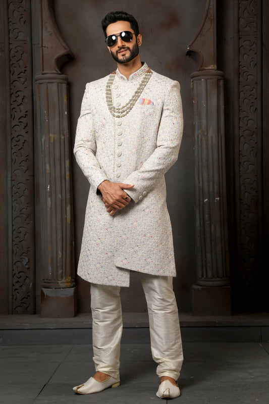 Sky Blue Colour Art Silk Thread Embroidery Work Sherwani