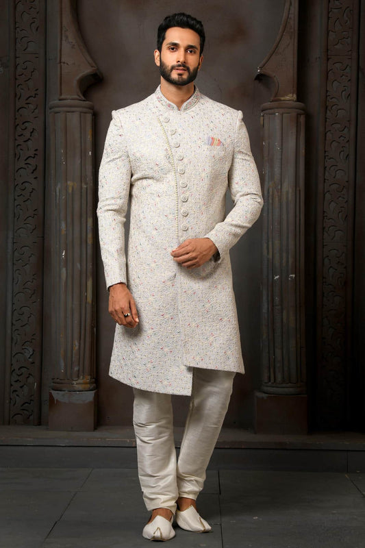 Sky Blue Colour Art Silk Thread Embroidery Work Sherwani