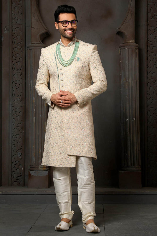 Beige Colour Art Silk Thread Embroidery Work Sherwani