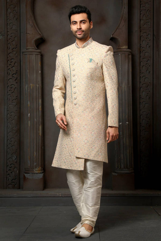 Beige Colour Art Silk Thread Embroidery Work Sherwani