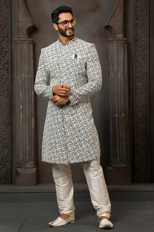 Black And White Colour Art Silk Thread Embroidery Work Sherwani