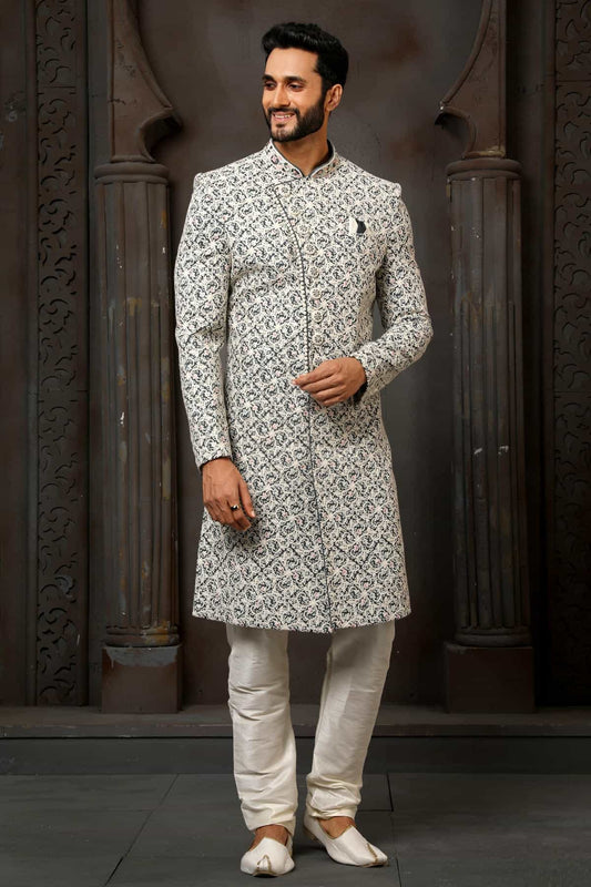 Black And White Colour Art Silk Thread Embroidery Work Sherwani