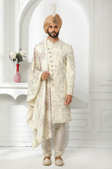 Cream Colour Art Silk Thread Work Embroidery Work Sherwani