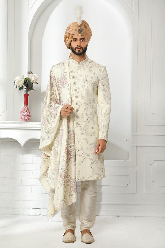 Cream Colour Art Silk Thread Work Embroidery Work Sherwani