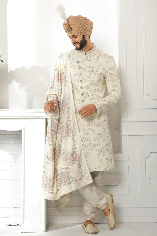 Cream Colour Art Silk Thread Work Embroidery Work Sherwani