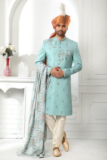 Teal Blue Colour Art Silk Thread Work Embroidery Work Sherwani