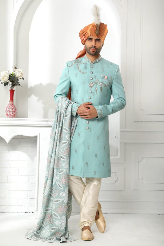 Teal Blue Colour Art Silk Thread Work Embroidery Work Sherwani