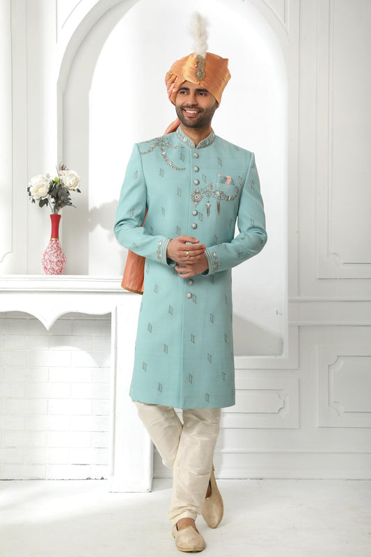 Teal Blue Colour Art Silk Thread Work Embroidery Work Sherwani