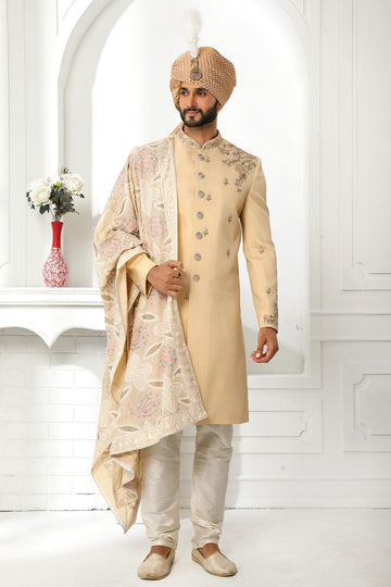 Beige Colour Art Silk Thread Work Embroidery Work Sherwani