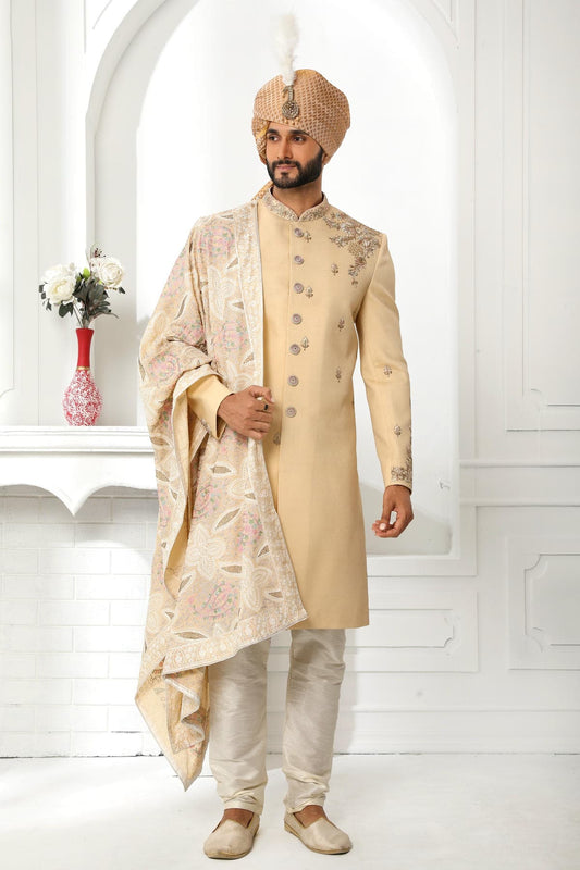 Beige Colour Art Silk Thread Work Embroidery Work Sherwani