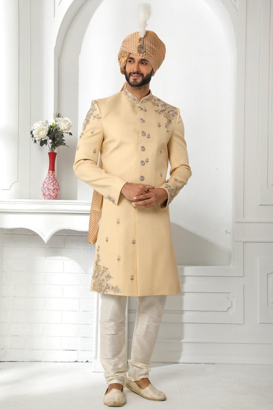 Beige Colour Art Silk Thread Work Embroidery Work Sherwani
