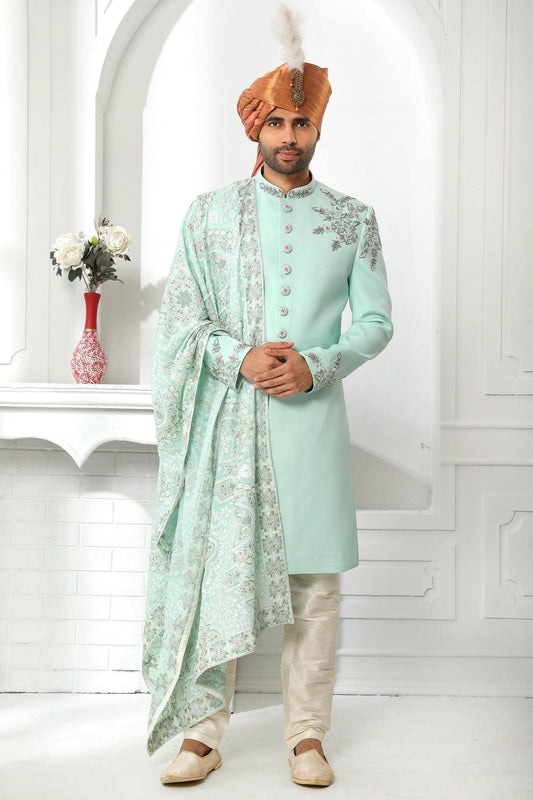 Cream Colour Art Silk Thread Work Embroidery Work Sherwani