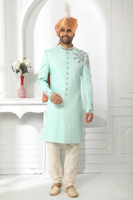 Cream Colour Art Silk Thread Work Embroidery Work Sherwani