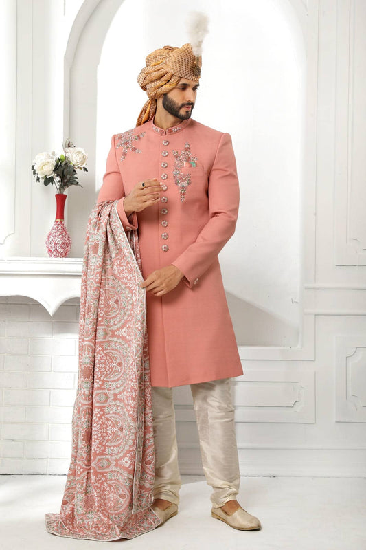Teal Blue Colour Art Silk Thread Work Embroidery Work Sherwani