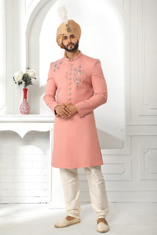 Teal Blue Colour Art Silk Thread Work Embroidery Work Sherwani