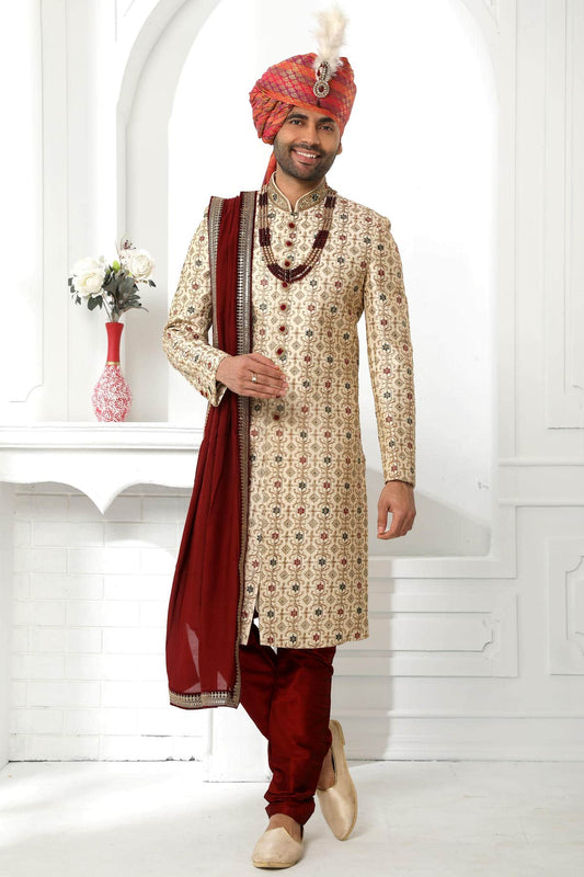 Beige Colour Art Silk Thread Work Embroidery Work Sherwani