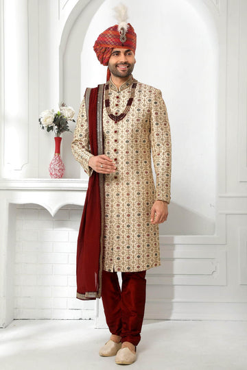 Beige Colour Art Silk Thread Work Embroidery Work Sherwani