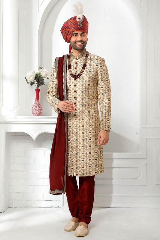 Beige Colour Art Silk Thread Work Embroidery Work Sherwani