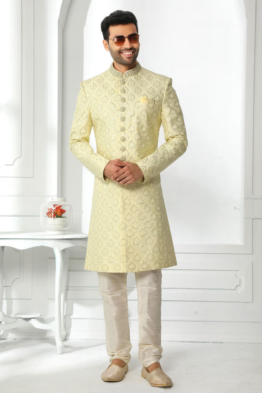 Pista Green Colour Art Silk Thread Work Embroidery Work Sherwani