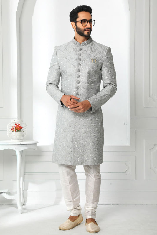 Dark Peach Colour Art Silk Thread Work Embroidery Work Sherwani