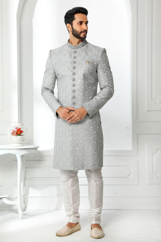 Dark Peach Colour Art Silk Thread Work Embroidery Work Sherwani