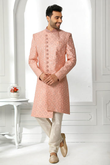 Cream Colour Art Silk Thread Work Embroidery Work Sherwani