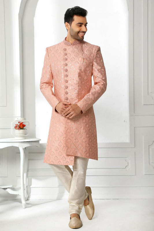 Cream Colour Art Silk Thread Work Embroidery Work Sherwani