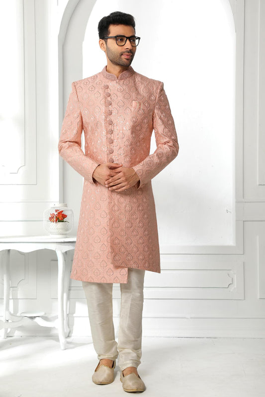 Cream Colour Art Silk Thread Work Embroidery Work Sherwani