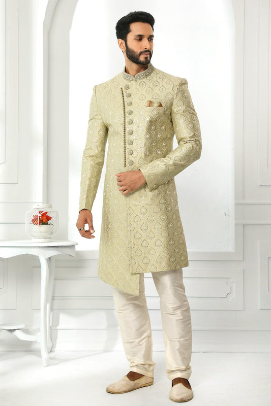 Yellow Colour Art Silk Thread Work Embroidery Work Sherwani