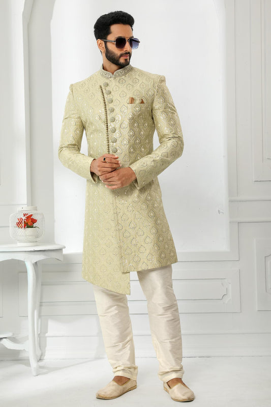 Yellow Colour Art Silk Thread Work Embroidery Work Sherwani