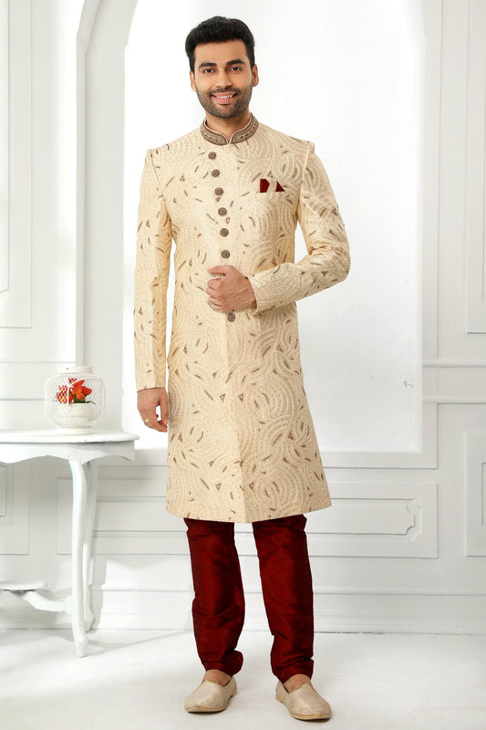 Grey Colour Art Silk Thread Work Embroidery Work Sherwani